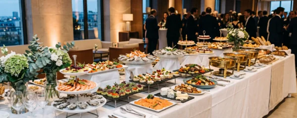Buffet élégant de traiteur professionnel dressé pour un événement avec une variété de plats gastronomiques présentés sur des tables raffinées