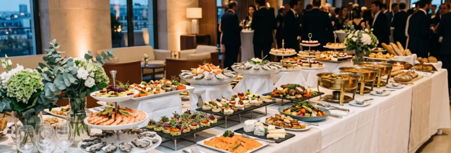 Buffet élégant de traiteur professionnel dressé pour un événement avec une variété de plats gastronomiques présentés sur des tables raffinées