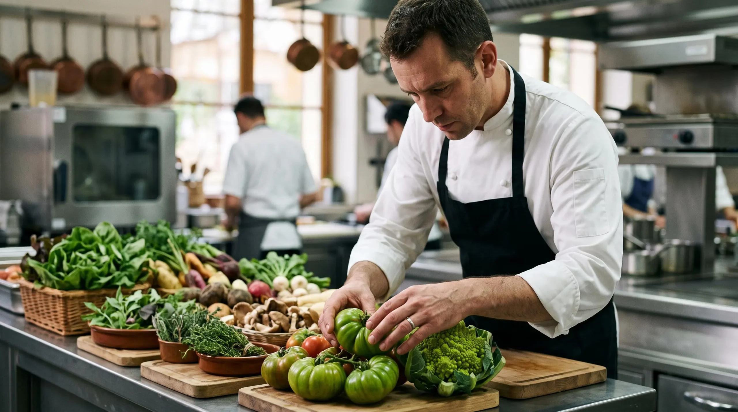Chef traiteur inspectant des légumes frais de qualité lors du contrôle des ingrédients dans une cuisine professionnelle