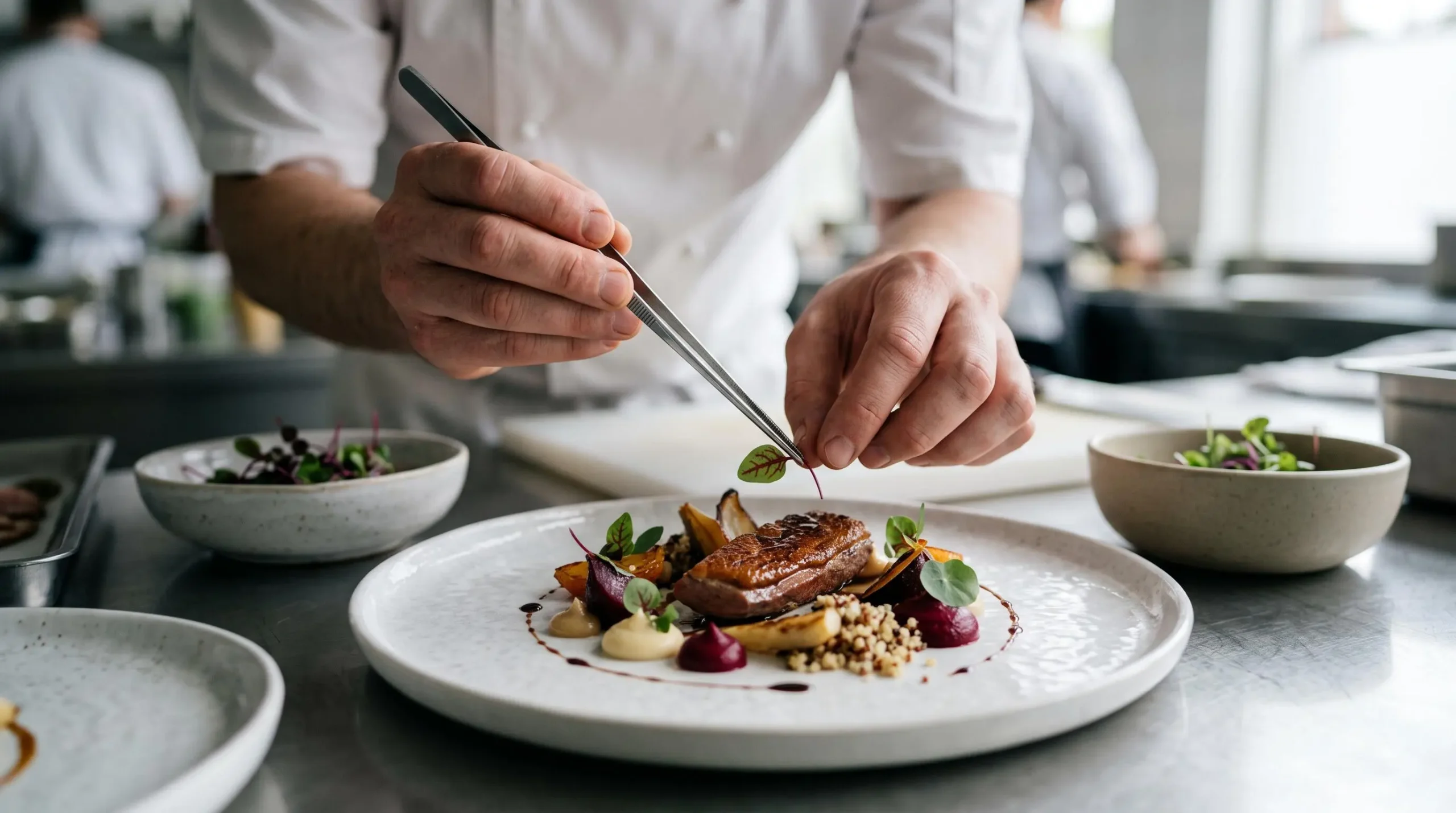 Chef finalisant la présentation artistique d'un plat gastronomique moderne avec des techniques de dressage contemporaines