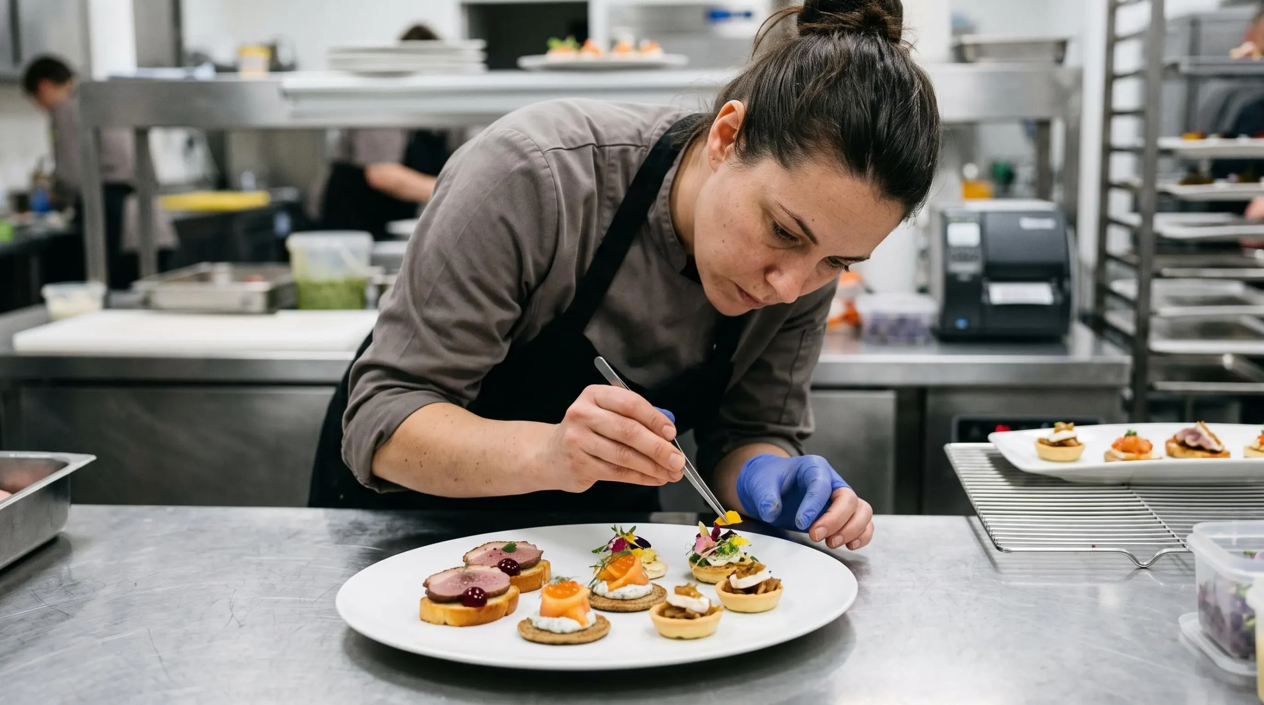 Traiteur professionnel disposant avec précision des canapés gastronomiques sur des plateaux de service dans une cuisine de préparation