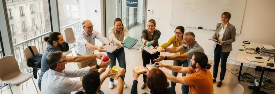 Un cercle de participants engagés ensemble dans une activité coopérative de team building en salle lumineuse.